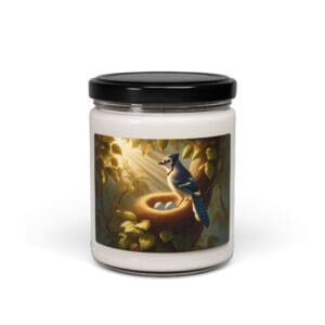Candle jar with blue jay and nest.