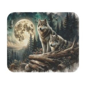 Wolves in forest with full moon background.