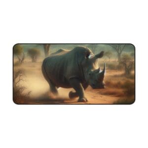 Charging rhinoceros in a dusty landscape.