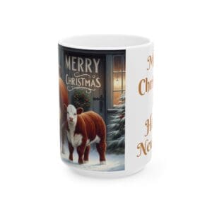 Mug with Christmas cow design and text.