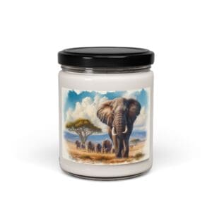 Candle jar with elephant illustration.