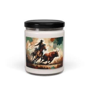Candle jar with cowboy and bull illustration.