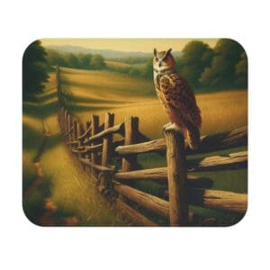 Owl perched on fence in scenic landscape.