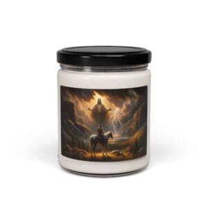 Candle jar with mystical horseback scene label.