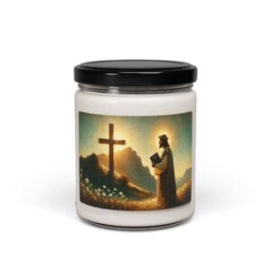 Candle with religious illustration and cross.