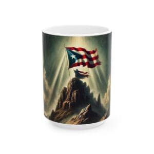 Puerto Rican flag on mountain, dramatic sky.