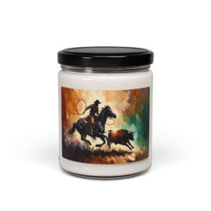 Cowboy-themed candle with colorful artwork label.