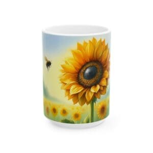 Mug with sunflower and bee design.