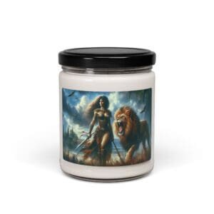 Candle with warrior woman and lion design.