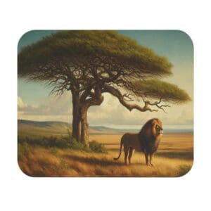 Lion standing beside large savanna tree.