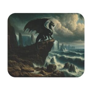 Dragon overlooking stormy sea and cliffs.