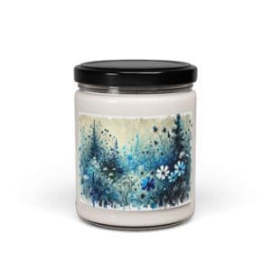 Candle jar with blue floral design label.