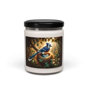 Candle with blue jay and nest illustration.