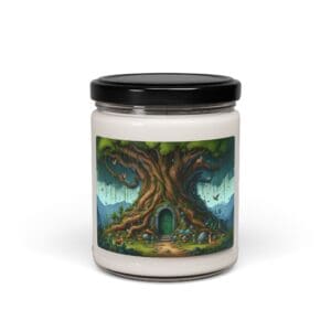 Candle jar with fantasy tree illustration.