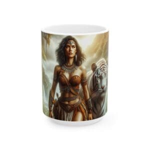 Warrior woman with white tiger on mug.