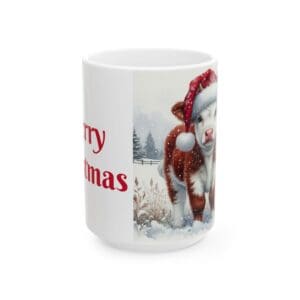 Cow in Santa hat, "Merry Christmas" mug.