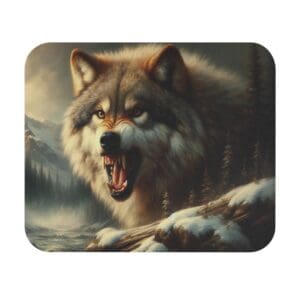 Fierce wolf roaring in snowy forest.