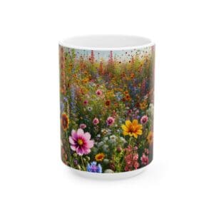 Flower-decorated mug with colorful garden design.