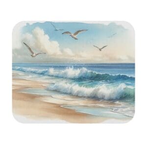 Seagulls flying over a serene beach scene.