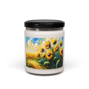 Candle jar with sunflower field design.