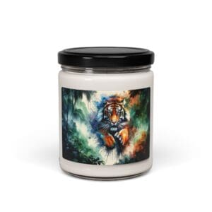Candle jar with colorful tiger design.