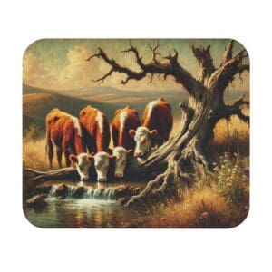 Cows drinking water by a tree.