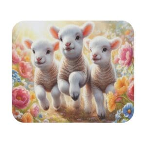 Three lambs frolicking in a flower field.
