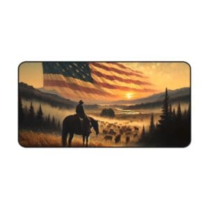 Cowboy on horseback with American flag sunset.