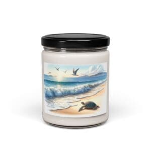 Candle jar with beach scene and turtle.