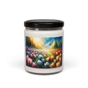 Candle jar with colorful floral landscape design.