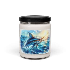 Candle jar with marlin illustration label.