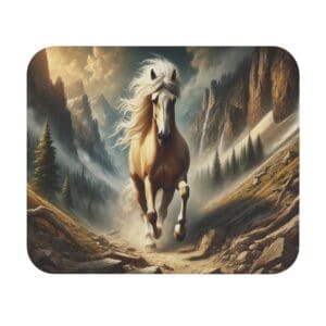 Horse galloping through a mountainous landscape.