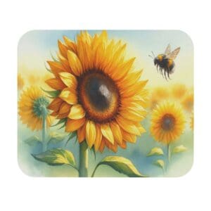 Sunflowers with a bee in flight.
