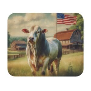 Bull on farm with American flag background.