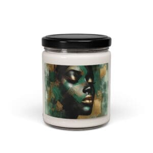 Decorative candle jar with abstract face design.
