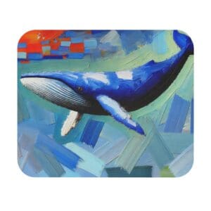 Blue whale in abstract ocean painting.