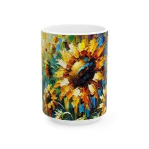 Colorful mug with sunflower painting design.