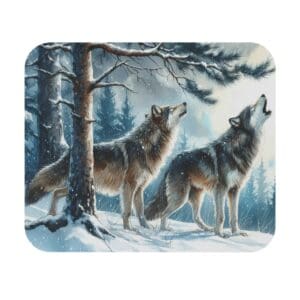 Two wolves howling in snowy forest.