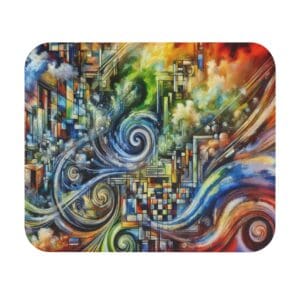 Abstract colorful geometric and swirl patterns.