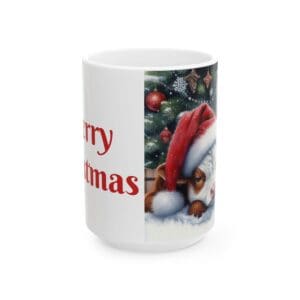 Christmas mug with dog in Santa hat.
