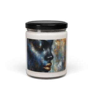 Candle jar with abstract face artwork label.