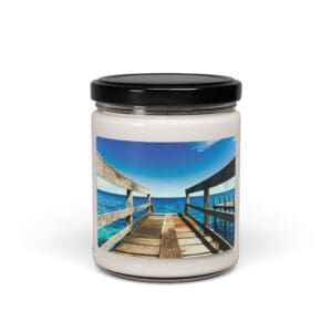 Jar with ocean pier image label.