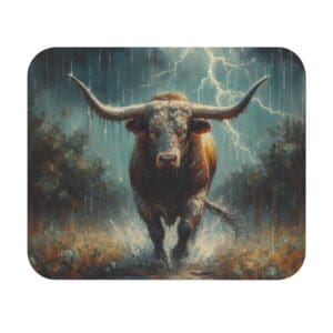 Bull charging in thunderstorm with lightning.