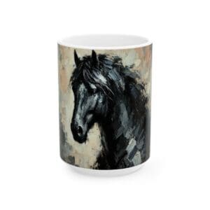 Painted horse mug with abstract background.