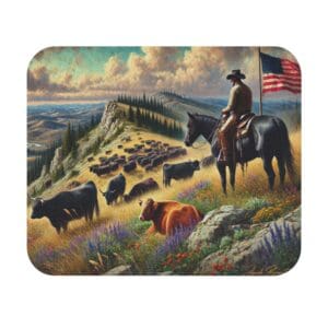 Cowboy on horseback overlooking cattle and flag.