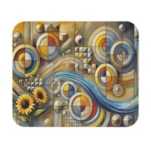 Abstract geometric art with sunflowers and river.