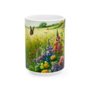 Flower meadow mug with butterfly design.