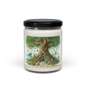 Candle jar with tree illustration label.