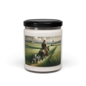 Candle jar featuring cowboy and dog illustration.