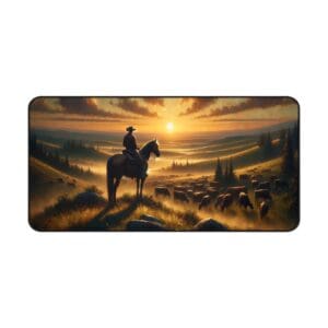 Cowboy on horseback overseeing cattle at sunset.
